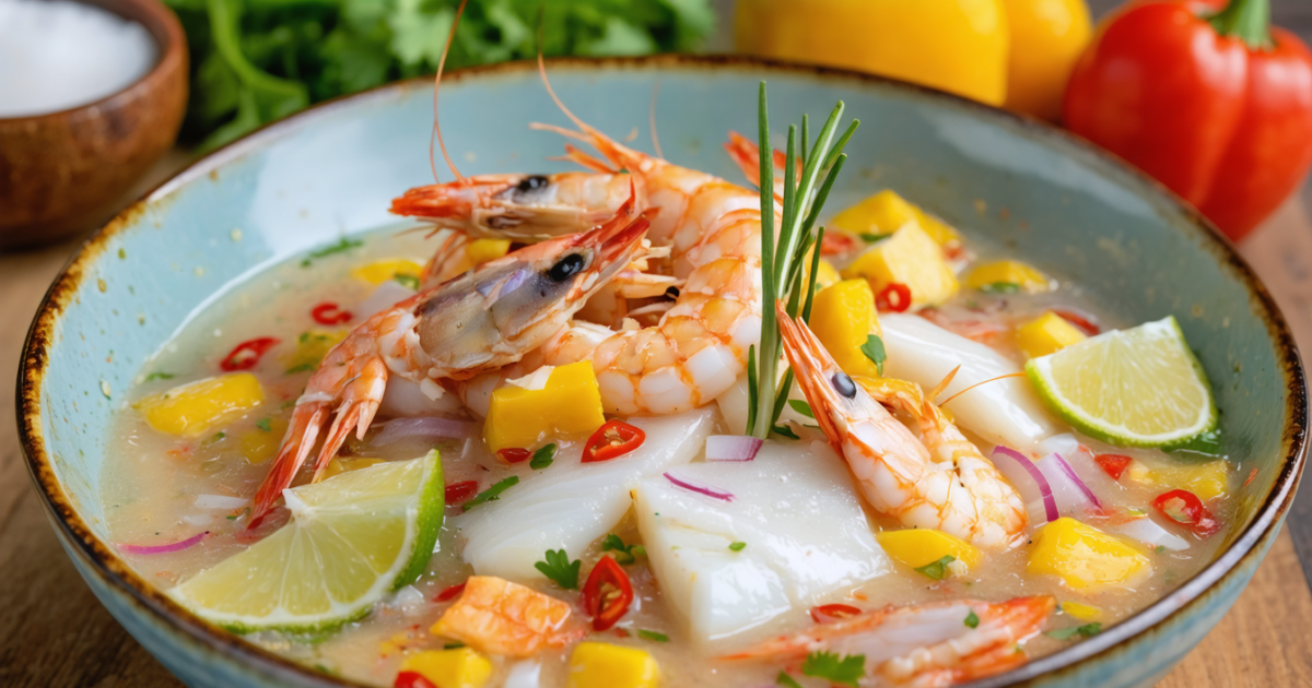 découvrez notre ceviche péruvien authentique, alliant la fraîcheur de la daurade exquise et la douceur des crevettes, nappées d'une leche de tigre parfumée pour une explosion de saveurs typiques du pérou.