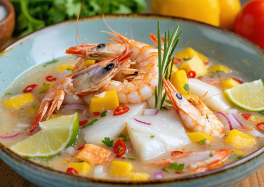 découvrez notre ceviche péruvien authentique, alliant la fraîcheur de la daurade exquise et la douceur des crevettes, nappées d'une leche de tigre parfumée pour une explosion de saveurs typiques du pérou.